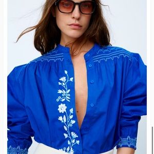 Zara Blue Embroidered Cotton Top Size S